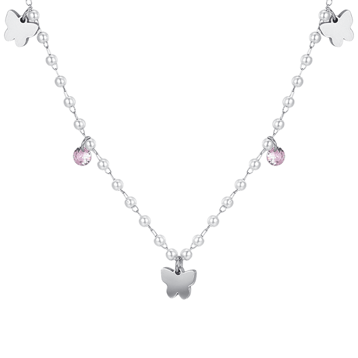 COLLIER FEMME EN ACIER AVEC PERLES ET PAPILLONS