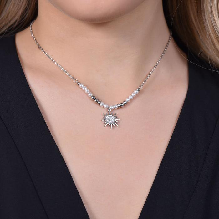 COLLIER FEMME EN ACIER AVEC PERLES ET SOLEIL