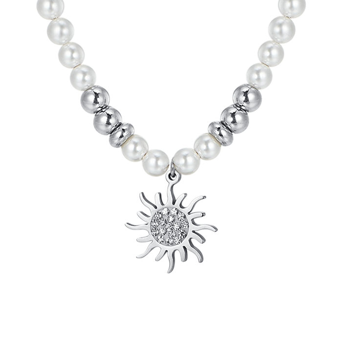 COLLIER FEMME EN ACIER AVEC PERLES ET SOLEIL