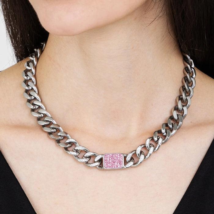 COLLIER FEMME EN ACIER AVEC CRISTAUX FUCHSIA