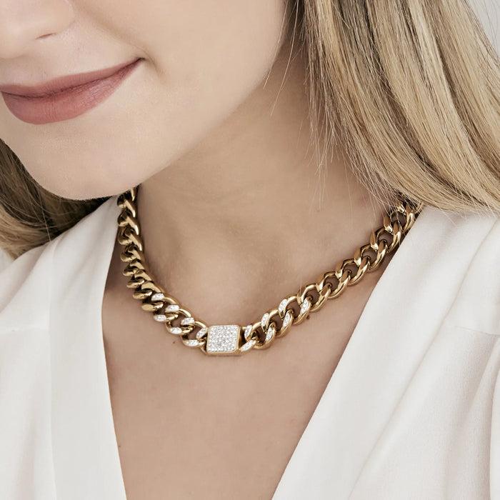 Collier pour femme en acier doré IP avec pendentifs en cristaux blancs et maillons de chaîne