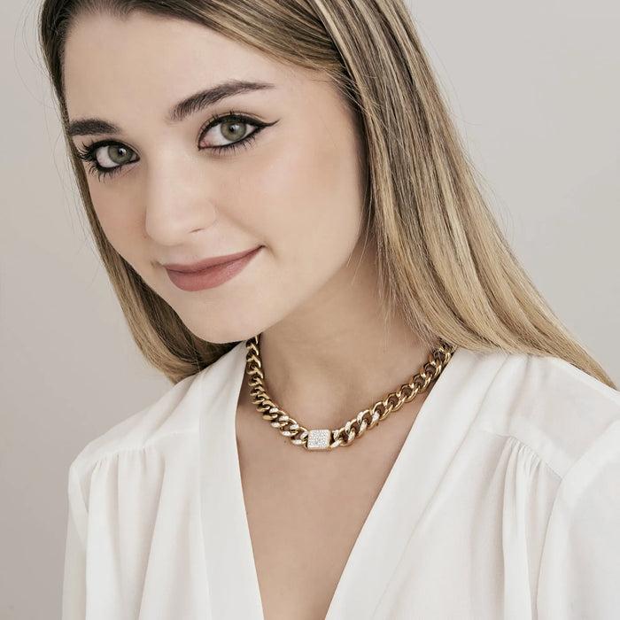 WOMEN'S NECKLACE IN IP GOLD STEEL WITH WHITE CRYSTALS PENDANTS AND CHAIN ​​LINK
