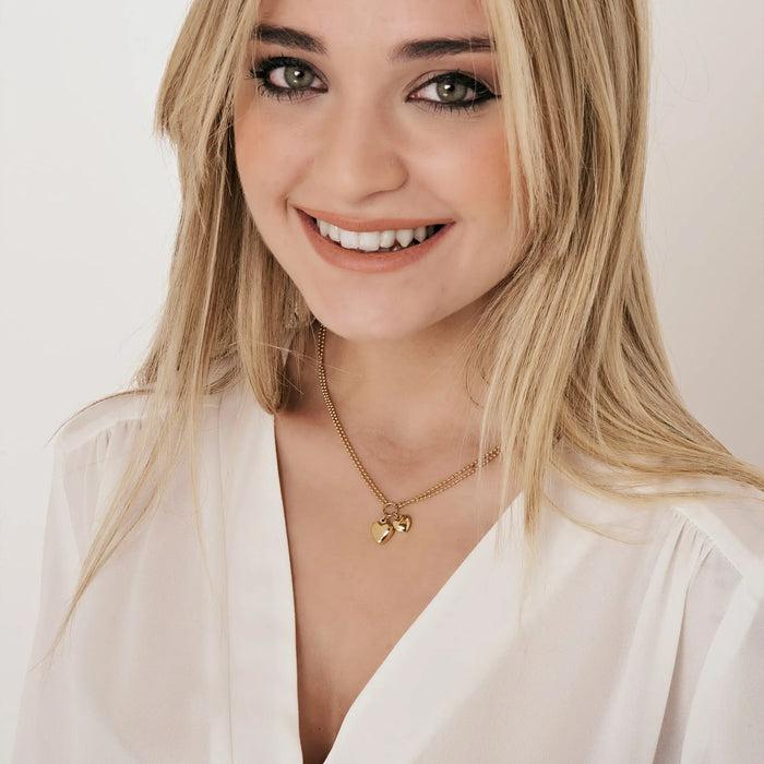 COLLIER FEMME EN ACIER DORÉ IP AVEC DOUBLE COEUR