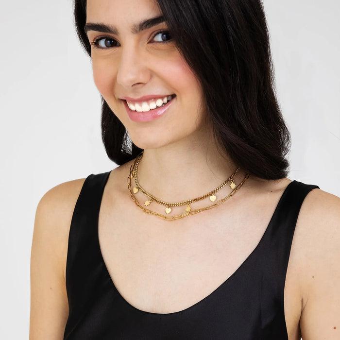 COLLIER FEMME EN ACIER DORÉ IP MULTI-SOUCHE AVEC ÉTOILES ET CŒURS