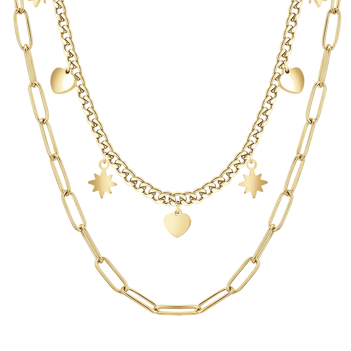 COLLIER FEMME EN ACIER DORÉ IP MULTI-SOUCHE AVEC ÉTOILES ET CŒURS