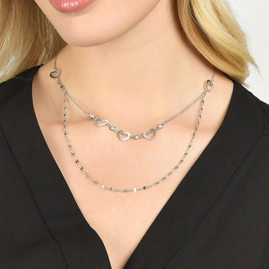 WOMEN'S MULTI-STRAIN NECKLACE IN STEEL WITH OPENWORK HEARTS AND WHITE CRYSTALS