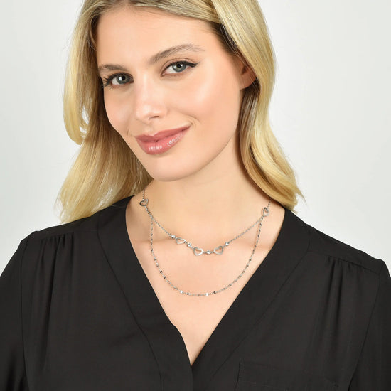 WOMEN'S MULTI-STRAIN NECKLACE IN STEEL WITH OPENWORK HEARTS AND WHITE CRYSTALS