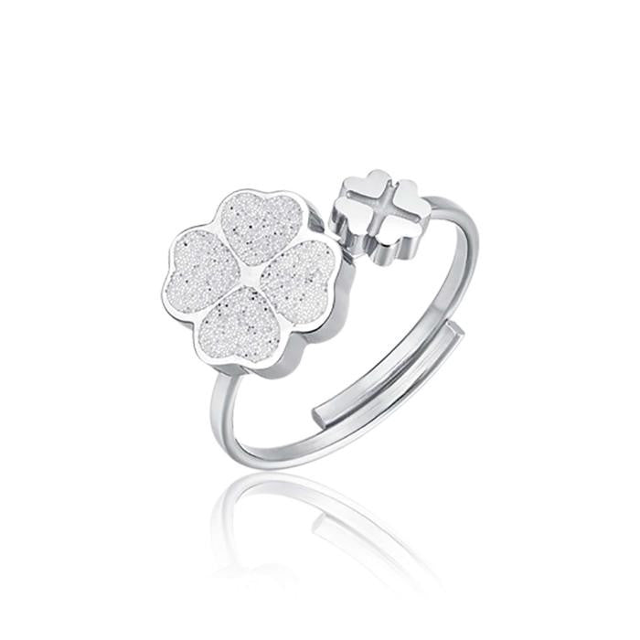 Anello Regolabile In Acciaio Con Quadrifogli  Con Glitter Bianco