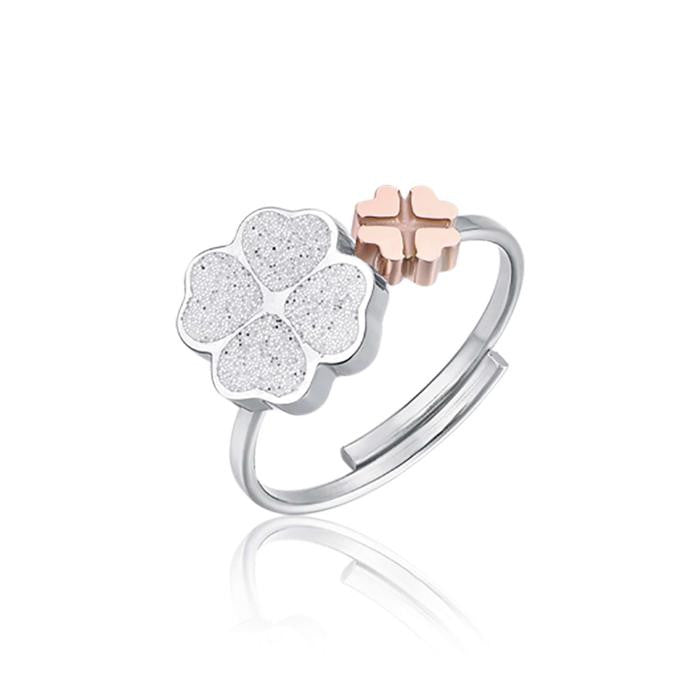 Anello Regolabile In Acciaio Con Quadrifogli  In Acciaio Ip Rose E Glitter