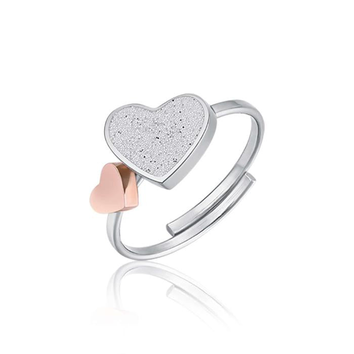 Anello Regolabile In Acciaio Con Cuori In Acciaio Ip Rose E Glitter Bianco