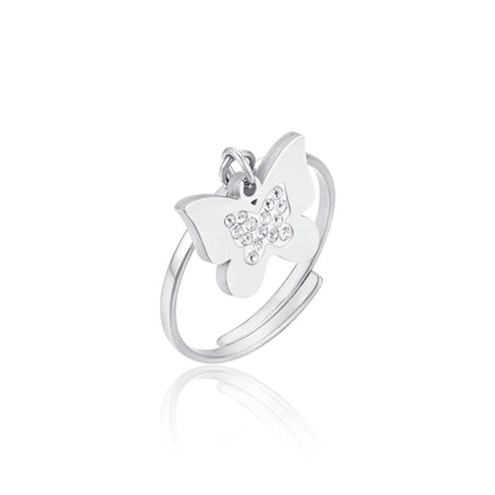 Anello In Acciaio Con Farfalla Con Cristalli Bianchi