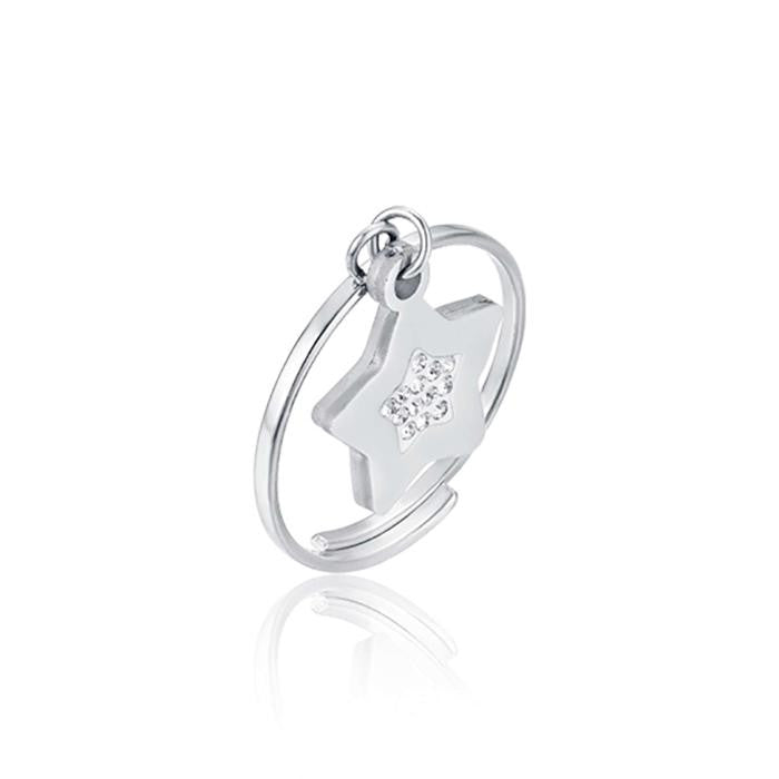 Anello In Acciaio Con Stella Con Cristalli Bianchi
