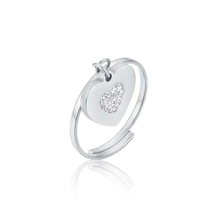 Anello In Acciaio Con Cuore Con Cristalli Bianchi