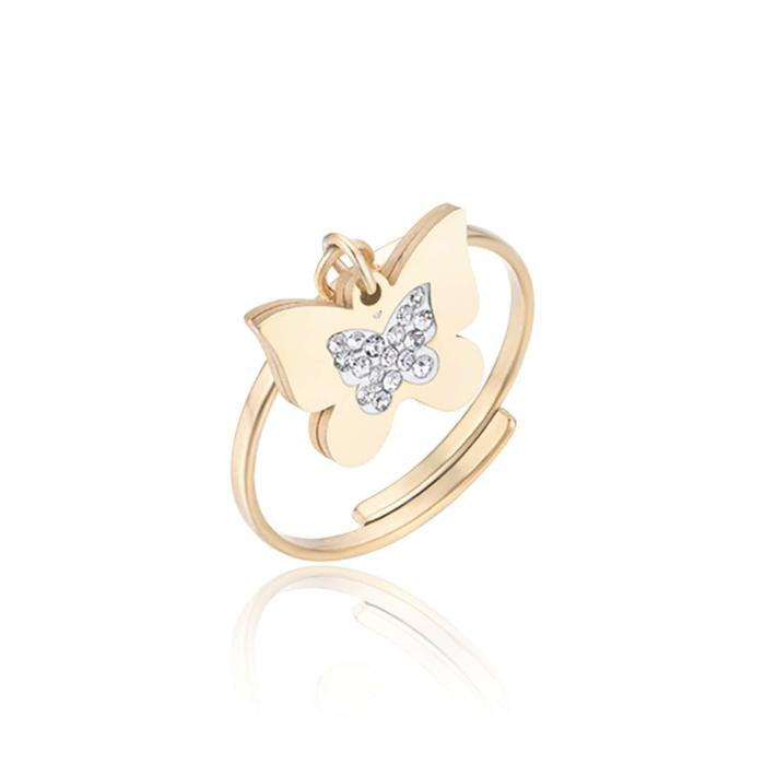 Anello In Acciaio Ip Gold Con Farfalla Con Cristalli  Bianchi
