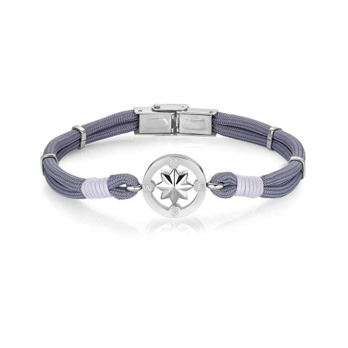 Bracciale Con Corda Grigia E Rosa Dei Venti In Acciaio