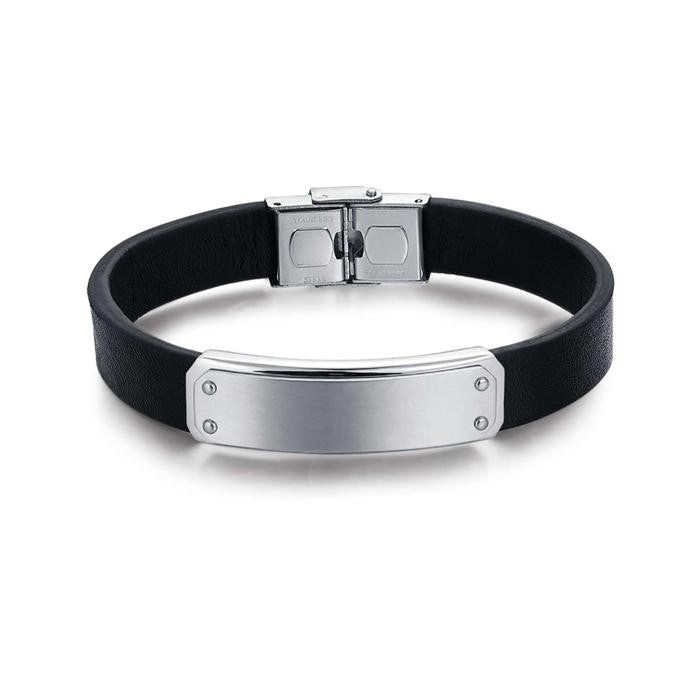 Bracciale In Cuoio Nero Con Piastra In Acciaio