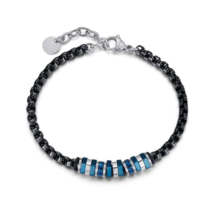 Bracciale In Acciaio Ip Nero Anticato Con Elementi In Acciaio Ip Blu