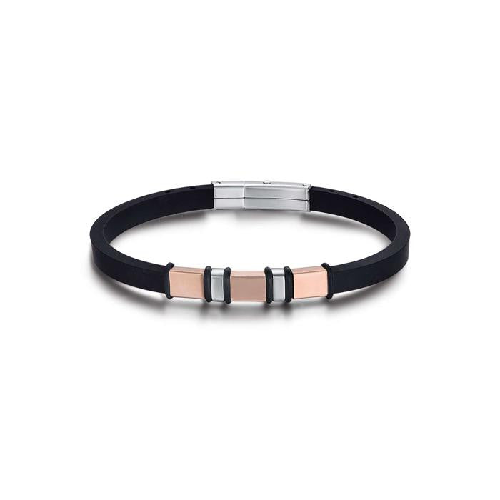 Bracciale In Silicone Nero Con Elementi In Acciaio Ip Rose E Ip Nero