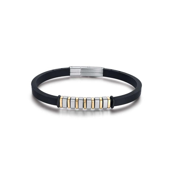 Bracciale In Silicone Nero Con Elementi In Acciaio Ip Gold E Ip Nero