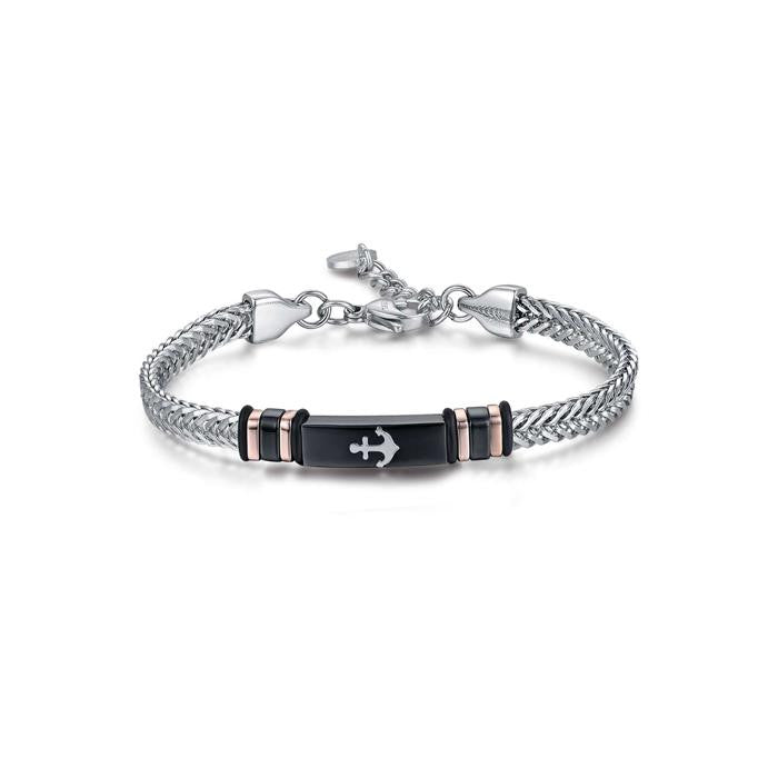 Bracciale In Acciaio Con Piastra In Acciaio Ip Nero Con Ancora