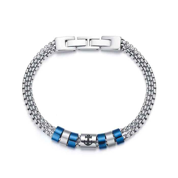 Bracciale In Acciaio Con Elementi Ip Blu E Ancora In Smalto Nero