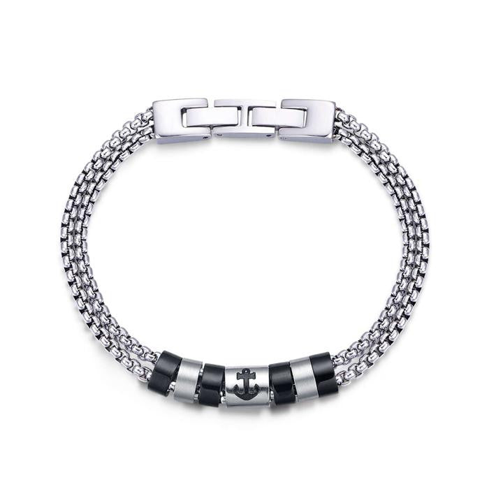 Bracciale In Acciaio Con Elementi Ip Nero E Ancora In Smalto Nero