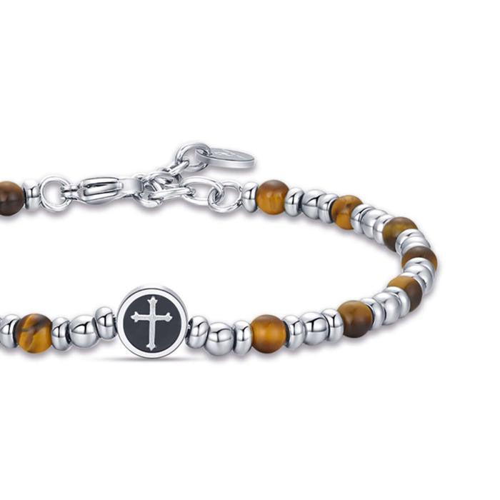 Bracciale In Acciaio Con Croce Ed Occhio Di Tigre