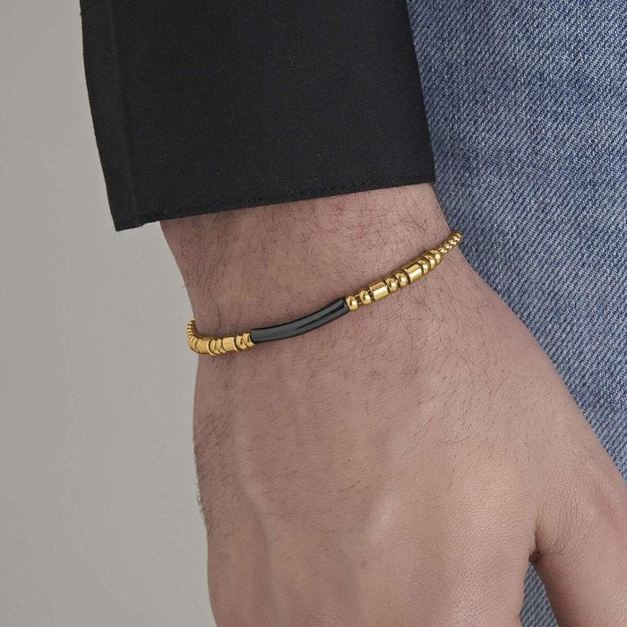 IP gold steel bracelet with black IP element