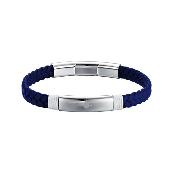 Bracelet in blue imitation leather and white rope with compass rose