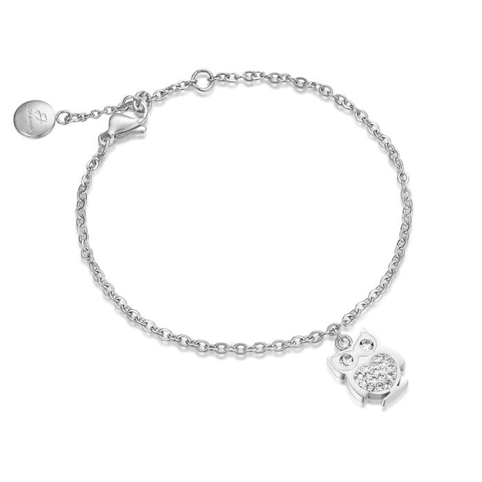 Bracciale In Acciaio Con Gufo E Cristalli Bianchi
