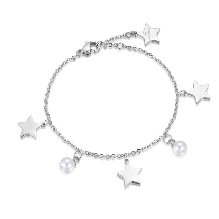 Bracciale In Acciaio Con Stelle E Perle Bianche