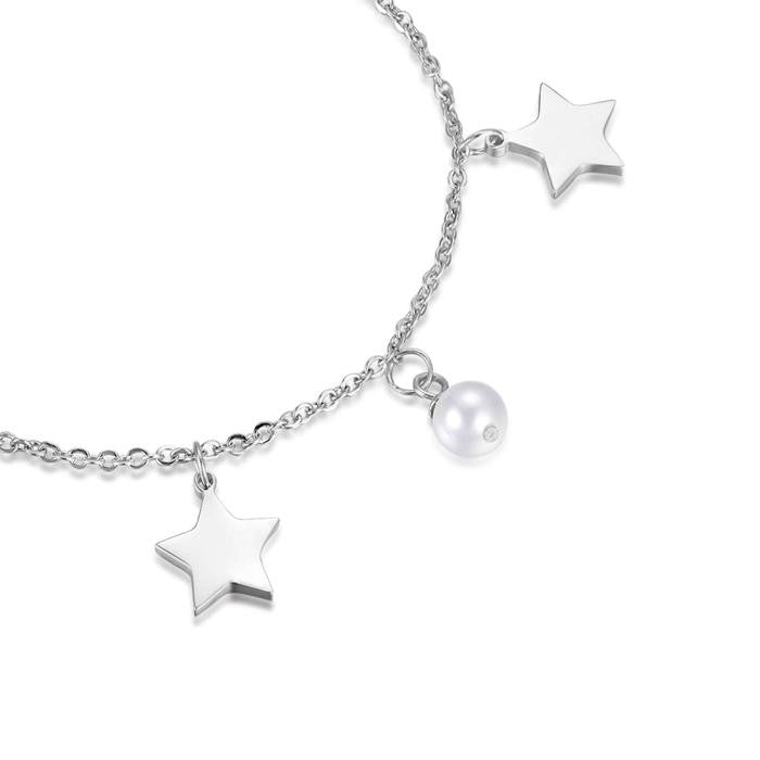 Bracciale In Acciaio Con Stelle E Perle Bianche