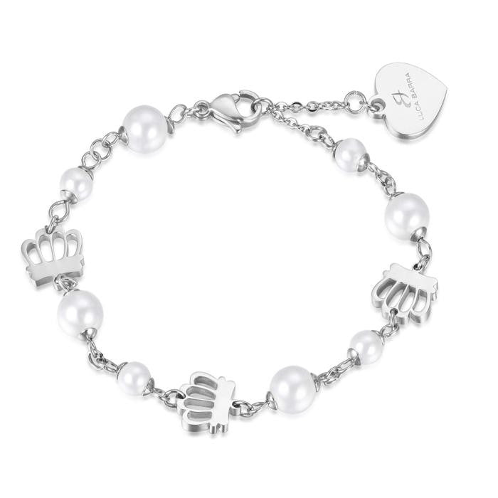 Bracciale In Acciaio Con Corone E Perle Bianche