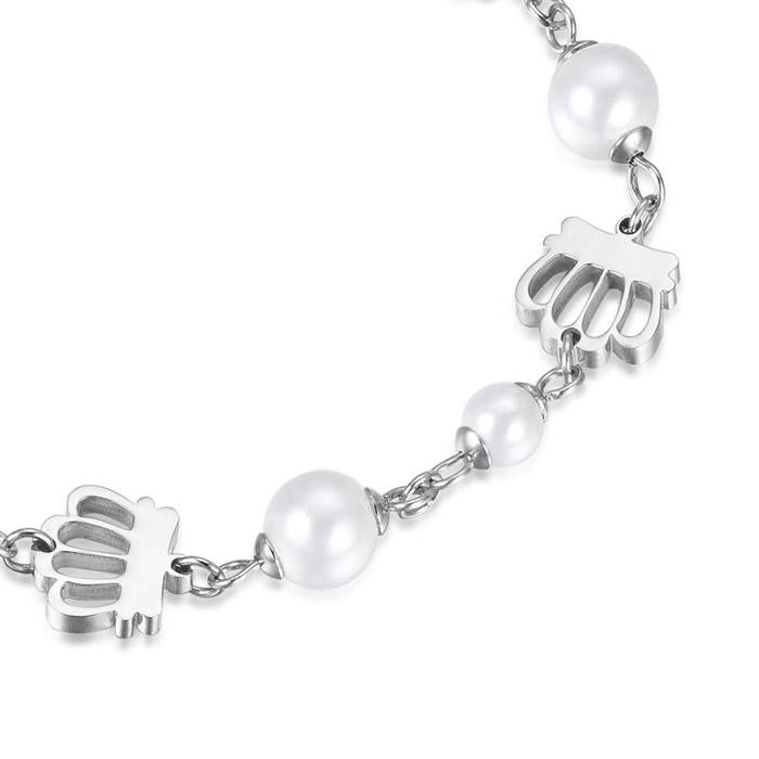 Bracciale In Acciaio Con Corone E Perle Bianche