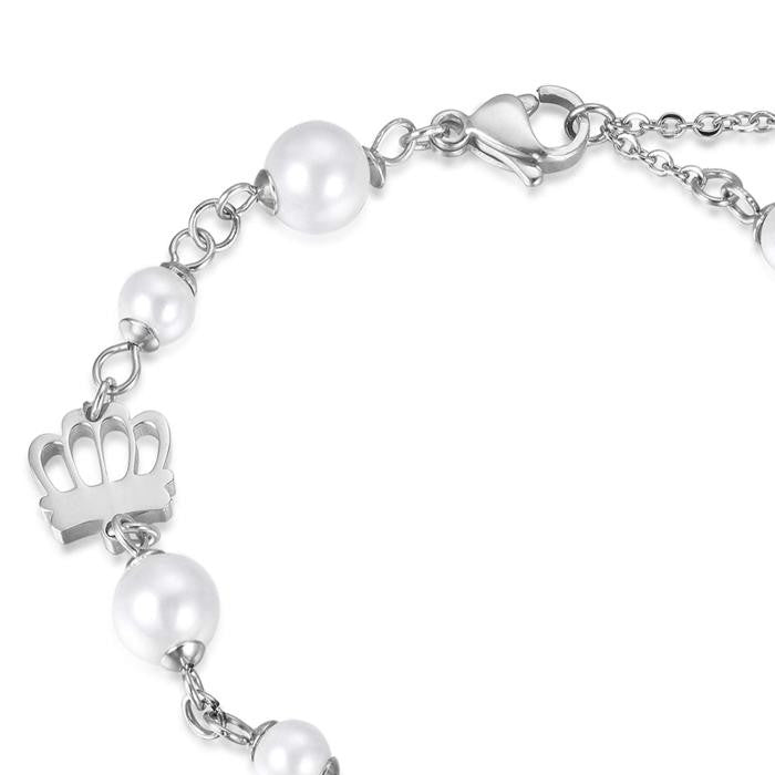 Bracciale In Acciaio Con Corone E Perle Bianche