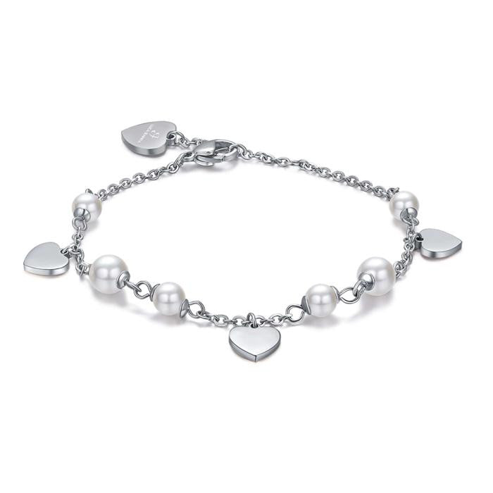 Bracelet en acier avec perles blanches et cœurs