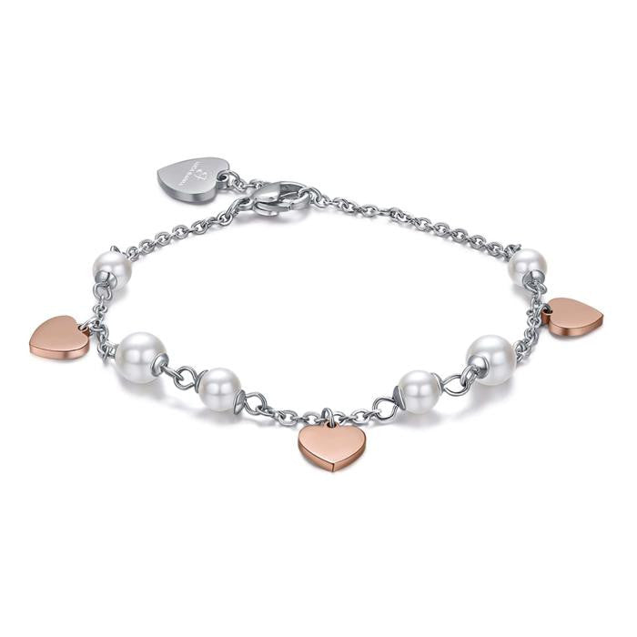 Bracciale In Acciaio Con Perle Bianche E Cuori Ip Rose