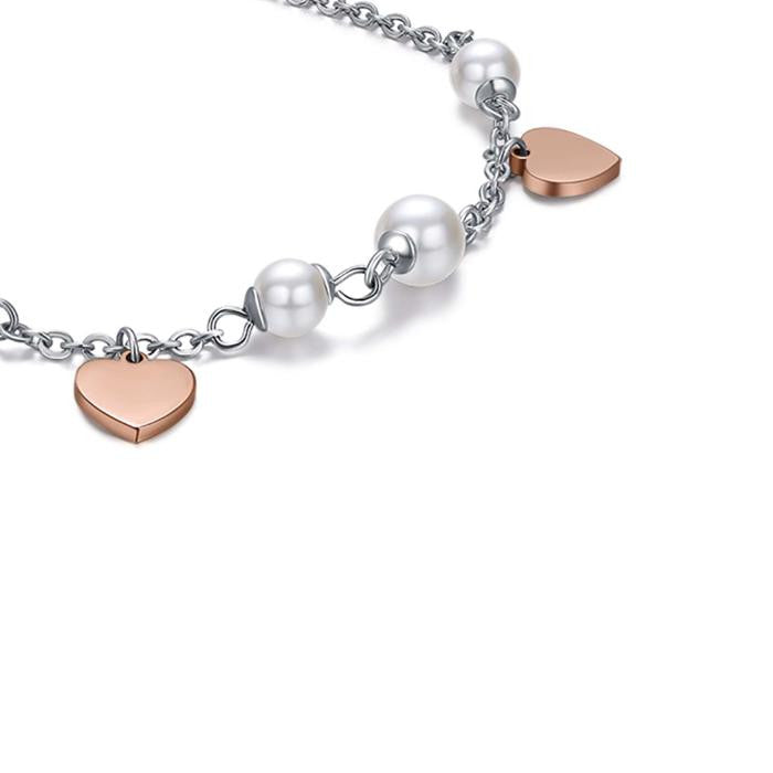 Bracciale In Acciaio Con Perle Bianche E Cuori Ip Rose