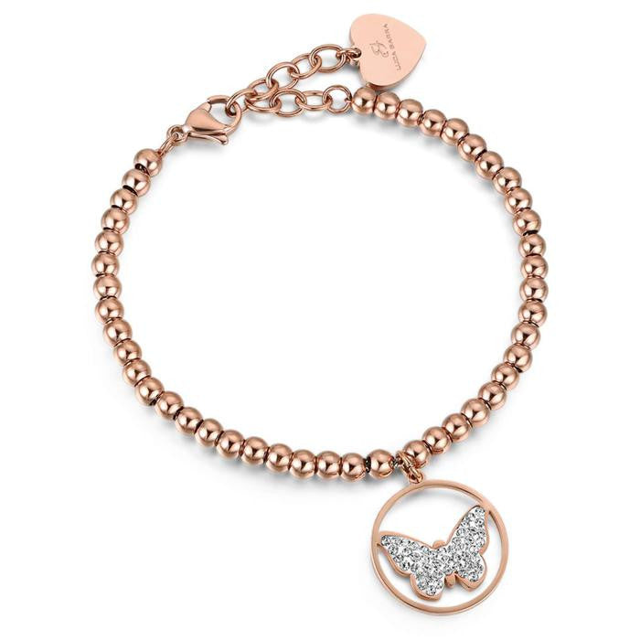 Bracciale In Acciaio Ip Rose Con Farfalla Con Cristalli Bianchi