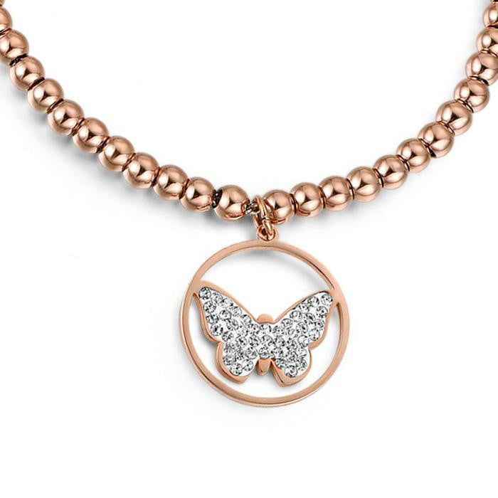 Bracciale In Acciaio Ip Rose Con Farfalla Con Cristalli Bianchi