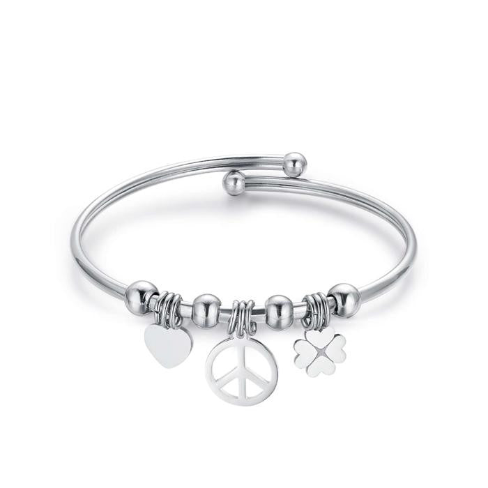 Bracciale In Acciaio Con Quadrifoglio Simbolo Della Pace E Cuore