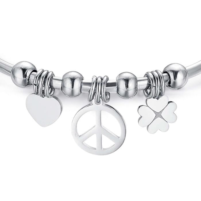 Bracciale In Acciaio Con Quadrifoglio Simbolo Della Pace E Cuore