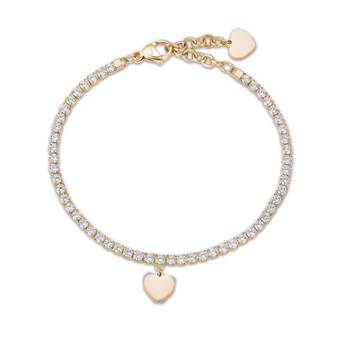 Bracciale In Acciaio Ip Gold Con Cuore E Cristalli Bianchi