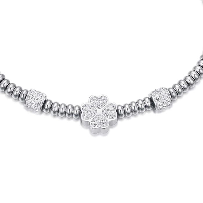 Bracciale In Acciaio Con Quadrifoglio Con Cristalli Bianchi