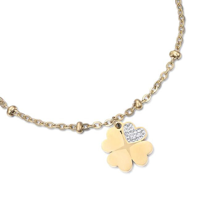 Bracciale In Acciaio Ip Gold Con Quadrifogli Con Cristalli Bianchi