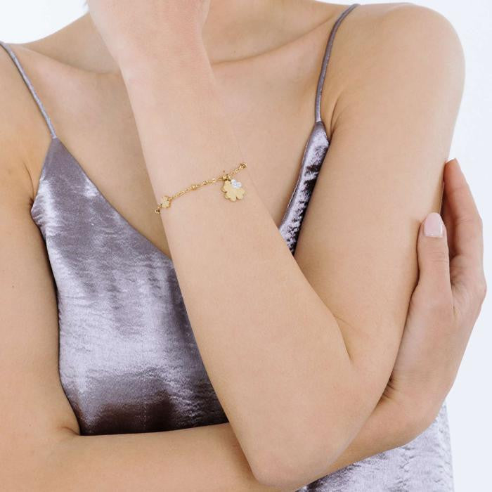 Bracciale In Acciaio Ip Gold Con Quadrifogli Con Cristalli Bianchi