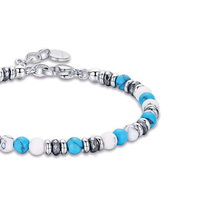 Bracciale In Acciaio Con Pietre Bianche E Turchesi