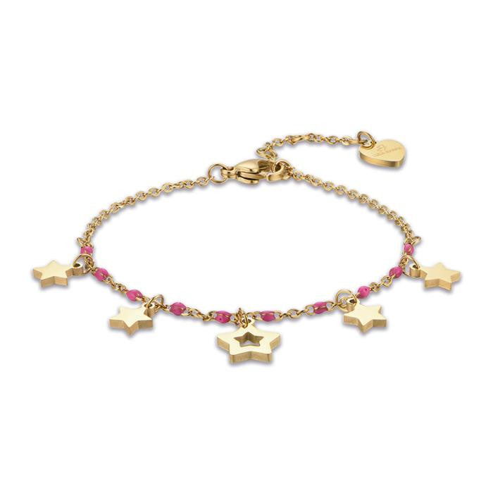 Bracciale In Acciaio Ip Gold Con Stelle E Pietre Fuxia