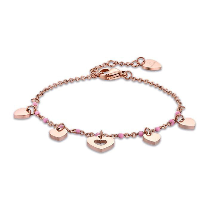 Bracciale In Acciaio Ip Rose Con Cuori E Pietre Rosa