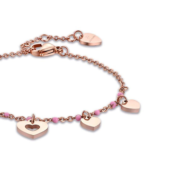 Bracciale In Acciaio Ip Rose Con Cuori E Pietre Rosa